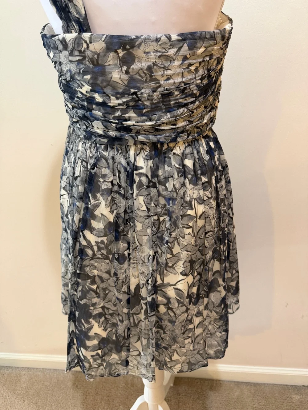 J Crew Lucienne Silk Chiffon Grey & Blue Floral Mini One Shoulder Dress Size 4